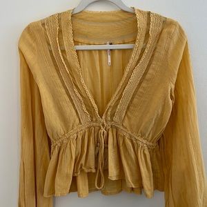 Free People Mustard Yellow Crochet Trim Peasant Blouse